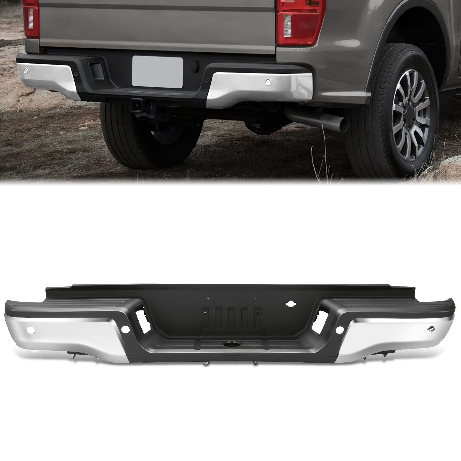 Chrome Steel Rear Step Bumper w/Parking Sensor Holes<br>19-23 Ford Ranger