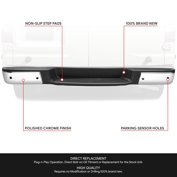 Chrome Rear Step Bumper w/Parking Sensor Holes<br>12-21 Nissan NV1500 NV2500 NV3500