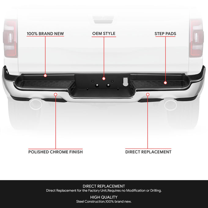 Polished Chrome Rear Bumper<br>19-24 Ram 1500