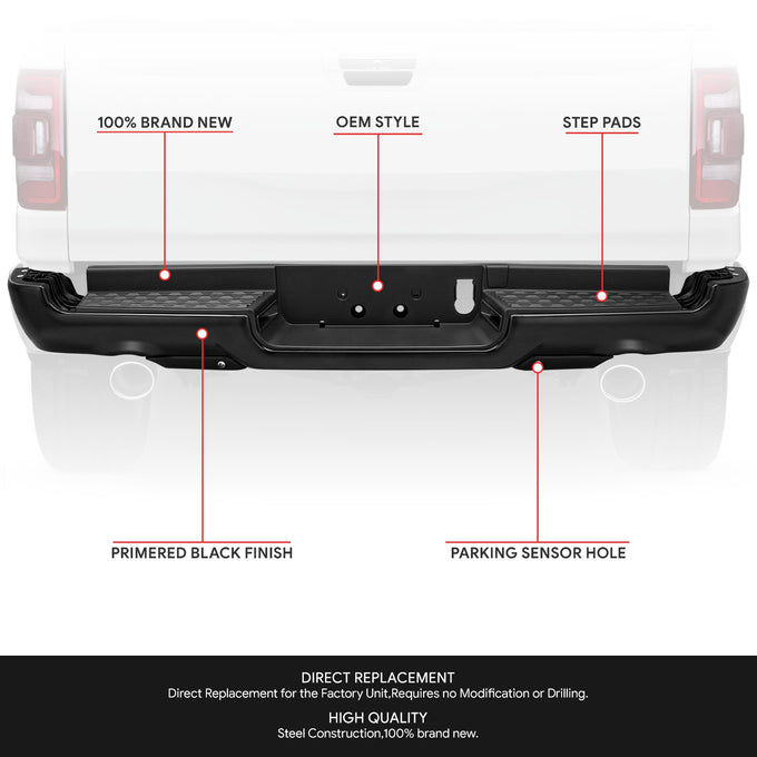 Primered Black Rear Bumper w/Parking Sensor Holes<br>19-24 Ram 1500
