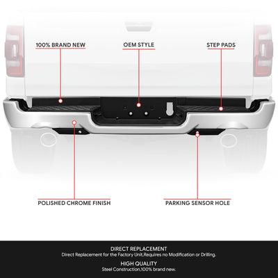 Polished Chrome Rear Bumper w/Parking Sensor Holes<br>19-24 Ram 1500