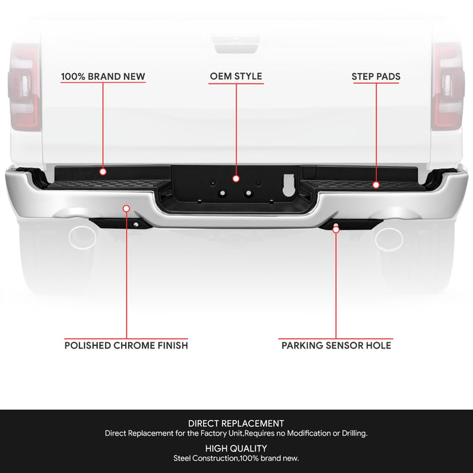 Polished Chrome Rear Bumper w/Parking Sensor Holes<br>19-24 Ram 1500