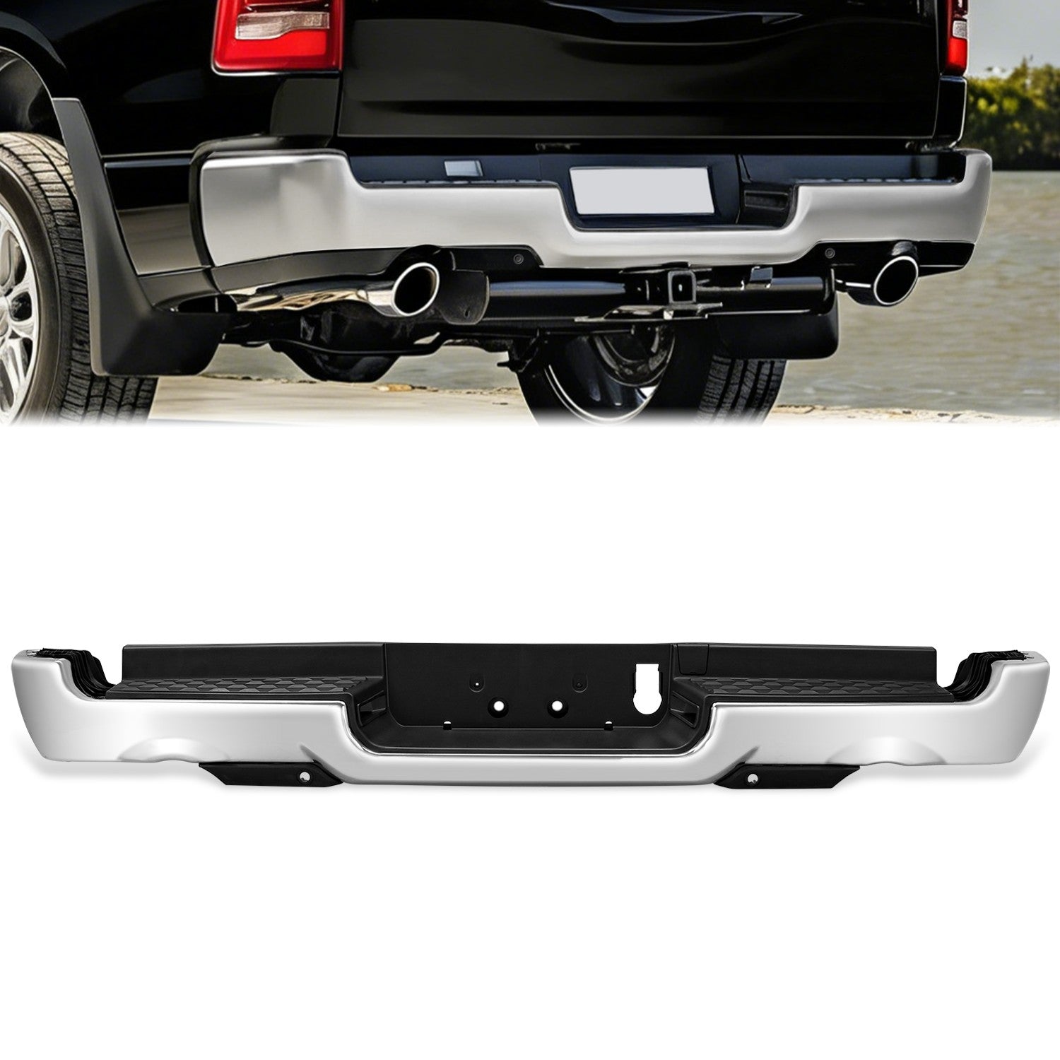 Polished Chrome Rear Bumper w/Parking Sensor Holes<br>19-24 Ram 1500