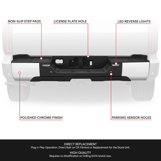 Chrome Rear Bumper w/o Tow Package w/Park Sensor Holes<br>22-26 Toyota Tundra