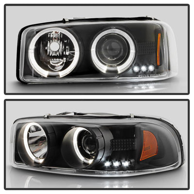 LED Halo Black Projector Headlights <br>99-06 GMC Sierra 1500-3500, Yukon, 2007 Classic