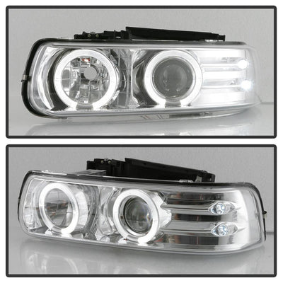 LED Halo Chrome Projector Headlights <br>99-02 Chevy Silverado, 00-06 Suburban 1500, 2500