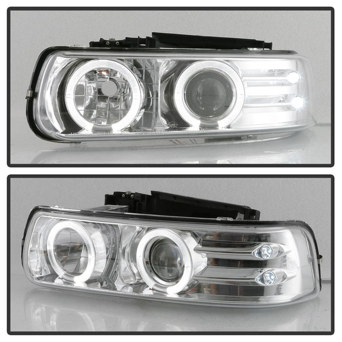 LED Halo Chrome Projector Headlights <br>99-02 Chevy Silverado, 00-06 Suburban 1500, 2500