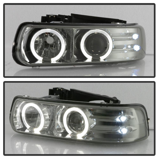 LED Halo Smoke Projector Headlights <br>99-02 Chevy Silverado, 00-06 Suburban 1500, 2500