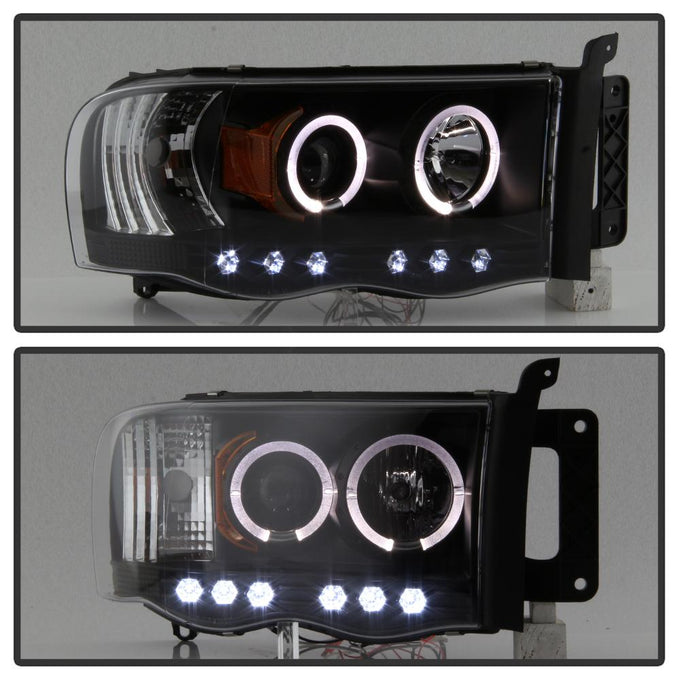 LED Halo Black Projector Headlights <br>02-05 Dodge Ram 1500 03-05 Dodge Ram 3500 Ram 2500