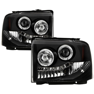 LED Halo Black Projector Headlights <br>05-07 Ford F350-F550 Super Duty
