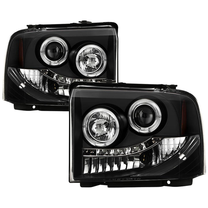 LED Halo Black Projector Headlights <br>05-07 Ford F350-F550 Super Duty