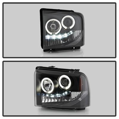 LED Halo Black Projector Headlights <br>05-07 Ford F350-F550 Super Duty