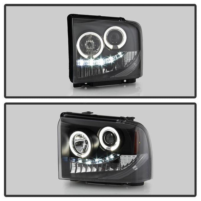 LED Halo Black Projector Headlights <br>05-07 Ford F350-F550 Super Duty