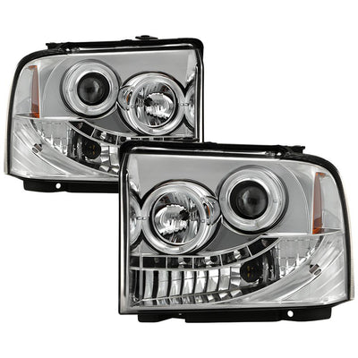 LED Halo Chrome Projector Headlights <br>05-07 Ford F350-F550 Super Duty