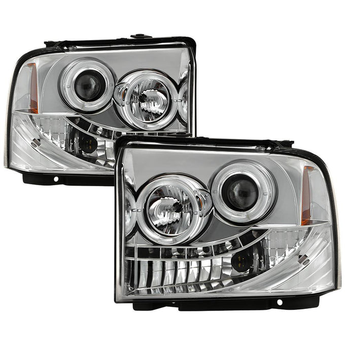 LED Halo Chrome Projector Headlights <br>05-07 Ford F350-F550 Super Duty