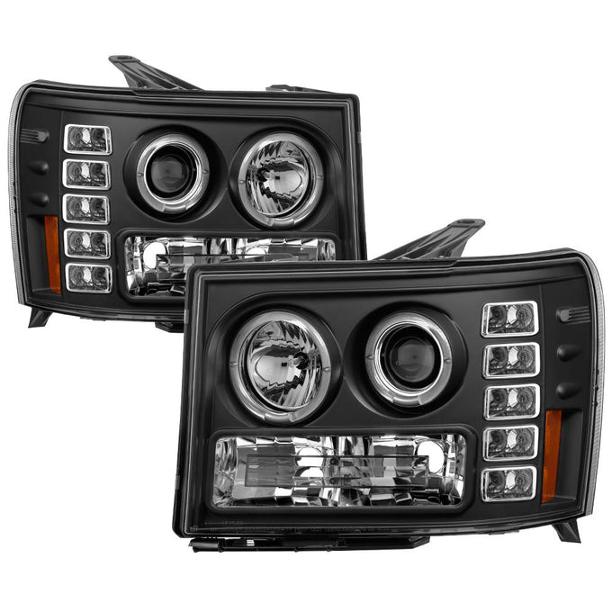 LED Halo Black Projector Headlights <br>07-13 GMC Sierra 1500 Sierra 2500 HD Sierra 3500 HD