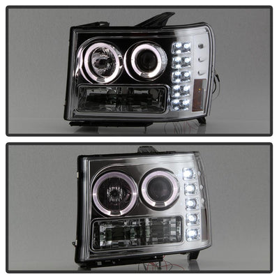 LED Halo Chrome Projector Headlights <br>07-13 GMC Sierra 1500 Sierra 2500 HD Sierra 3500 HD