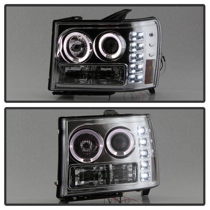 LED Halo Chrome Projector Headlights <br>07-13 GMC Sierra 1500 Sierra 2500 HD Sierra 3500 HD