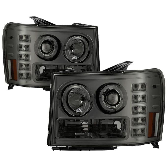 LED Halo Smoke Projector Headlights <br>07-13 GMC Sierra 1500 Sierra 2500 HD Sierra 3500 HD