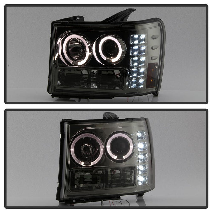 LED Halo Smoke Projector Headlights <br>07-13 GMC Sierra 1500 Sierra 2500 HD Sierra 3500 HD