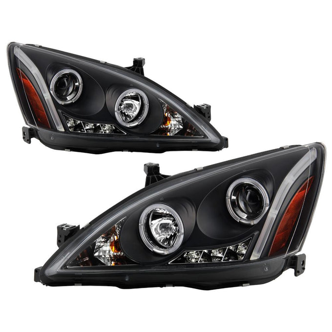 LED Halo Black Amber Reflector Projector Headlights <br>03-07 Honda Accord