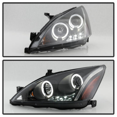 LED Halo Black Amber Reflector Projector Headlights <br>03-07 Honda Accord