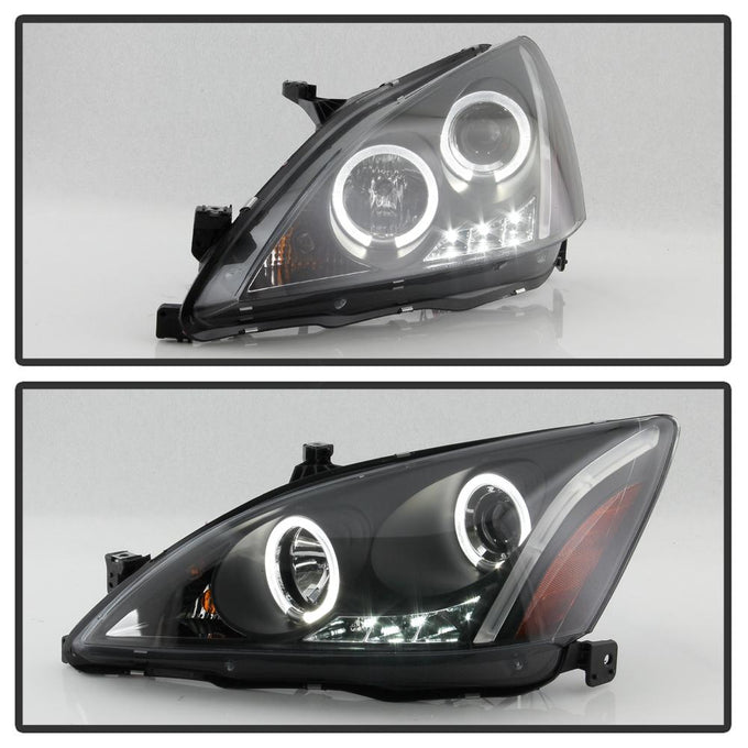 LED Halo Black Amber Reflector Projector Headlights <br>03-07 Honda Accord