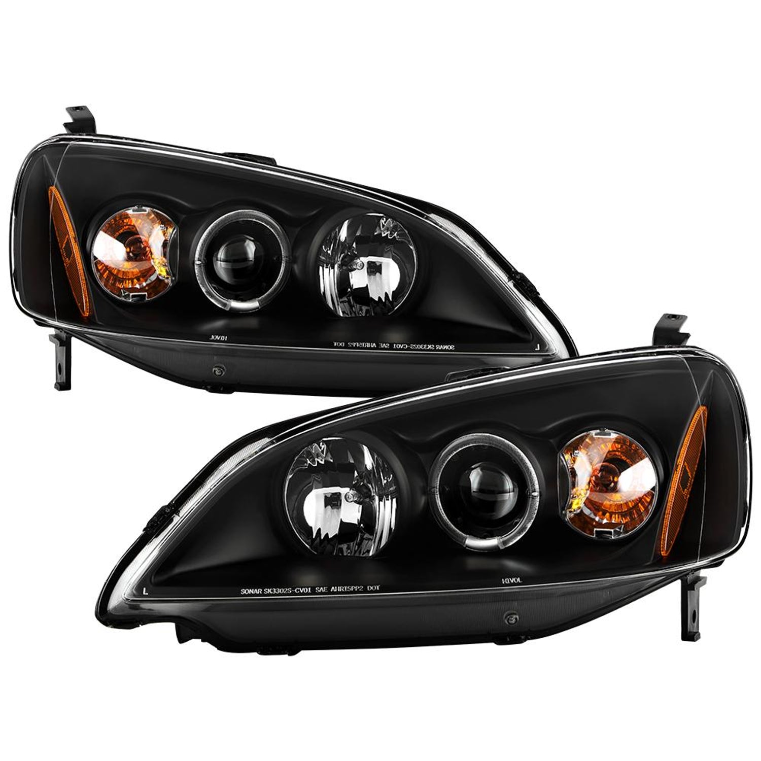 LED Halo Black Amber Reflector Projector Headlights <br>01-03 Honda Civic