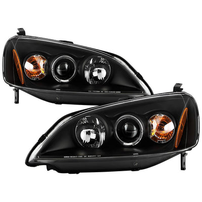 LED Halo Black Amber Reflector Projector Headlights <br>01-03 Honda Civic