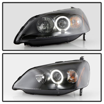 LED Halo Black Amber Reflector Projector Headlights <br>01-03 Honda Civic