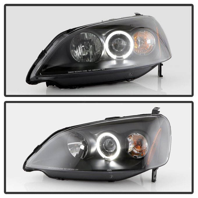 LED Halo Black Amber Reflector Projector Headlights <br>01-03 Honda Civic