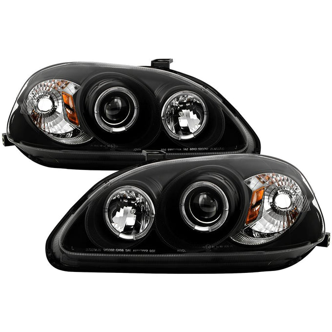 LED Halo Black Amber Reflector Projector Headlights <br>96-98 Honda Civic