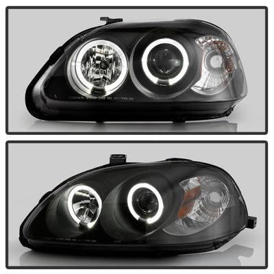 LED Halo Black Amber Reflector Projector Headlights <br>96-98 Honda Civic