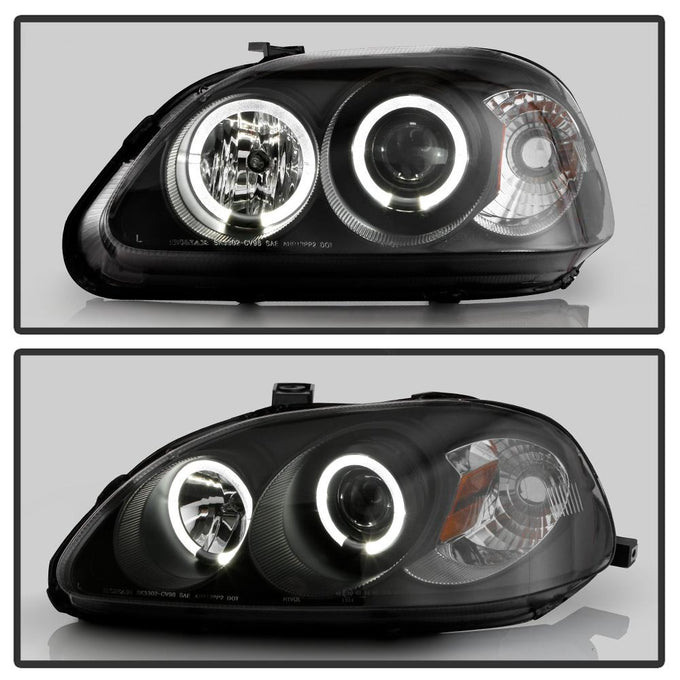 LED Halo Black Amber Reflector Projector Headlights <br>96-98 Honda Civic