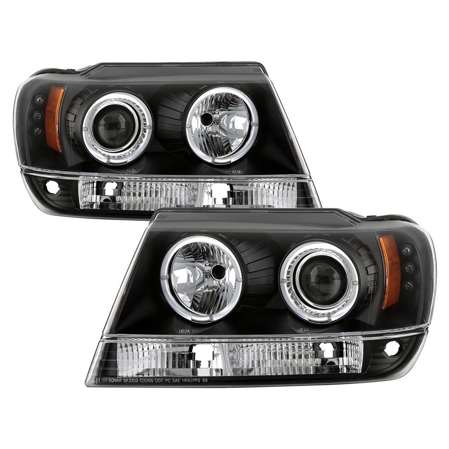 LED Halo Black Projector Headlights <br>99-04 Jeep Grand Cherokee