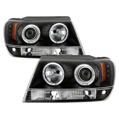 LED Halo Black Projector Headlights <br>99-04 Jeep Grand Cherokee