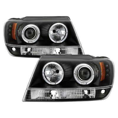 LED Halo Black Projector Headlights <br>99-04 Jeep Grand Cherokee