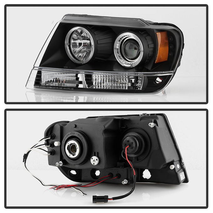LED Halo Black Projector Headlights <br>99-04 Jeep Grand Cherokee