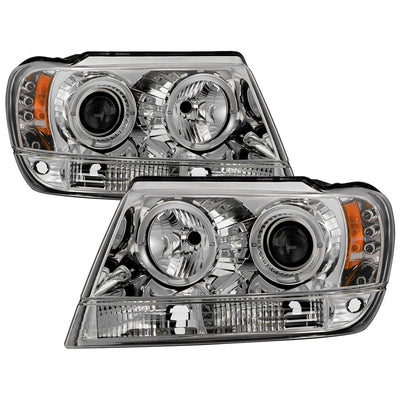 LED Halo Chrome Projector Headlights <br>99-04 Jeep Grand Cherokee