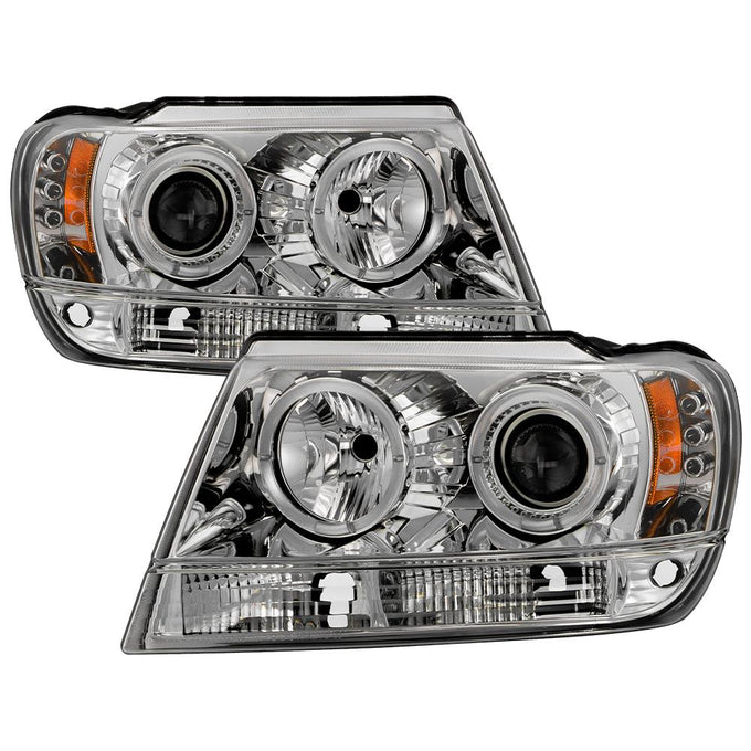 LED Halo Chrome Projector Headlights <br>99-04 Jeep Grand Cherokee