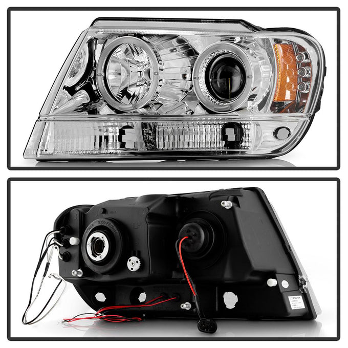 LED Halo Chrome Projector Headlights <br>99-04 Jeep Grand Cherokee