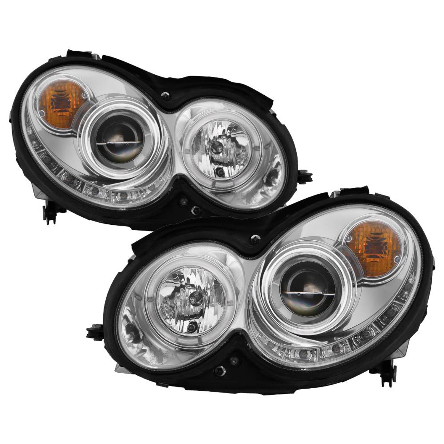 LED Halo Chrome DRL Projector Headlights <br>03-05 Mercedes-Benz CLK-Series