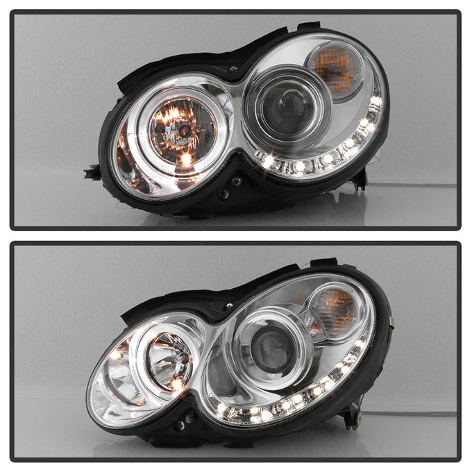 LED Halo Chrome DRL Projector Headlights <br>03-05 Mercedes-Benz CLK-Series