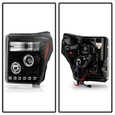 LED Halo Black DRL Projector Headlights <br>11-16 Ford F-250 F-350 F-450 Super Duty