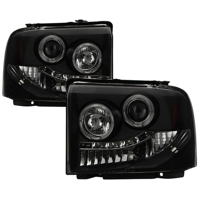 LED Halo Black Smoke Projector Headlights <br>05-07 Ford F350-F550 Super Duty
