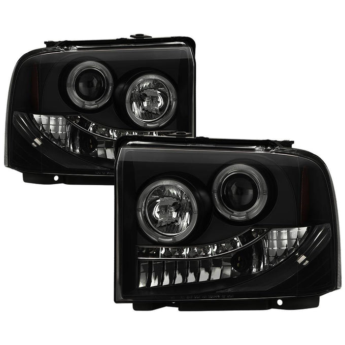 LED Halo Black Smoke Projector Headlights <br>05-07 Ford F350-F550 Super Duty