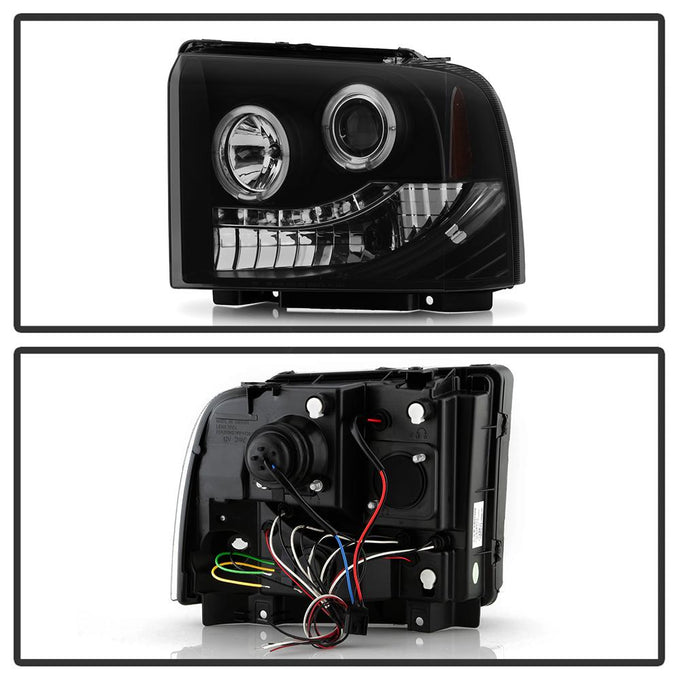 LED Halo Black Smoke Projector Headlights <br>05-07 Ford F350-F550 Super Duty