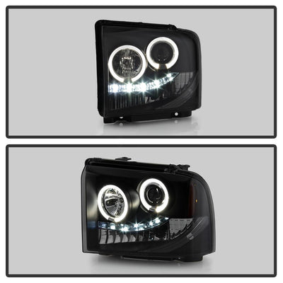 LED Halo Black Smoke Projector Headlights <br>05-07 Ford F350-F550 Super Duty