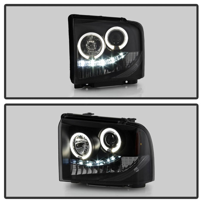 LED Halo Black Smoke Projector Headlights <br>05-07 Ford F350-F550 Super Duty