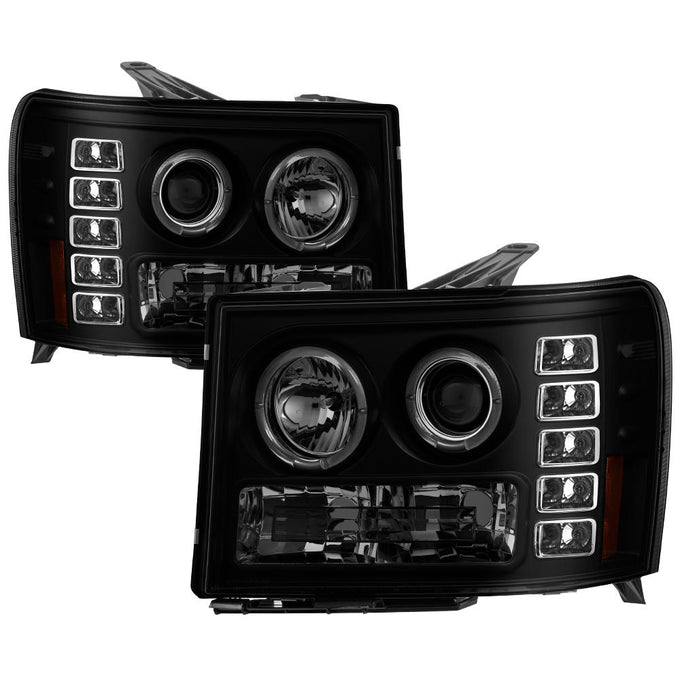 LED Halo Black Smoke Projector Headlights <br>07-13 GMC Sierra 1500 Sierra 2500 HD Sierra 3500 HD